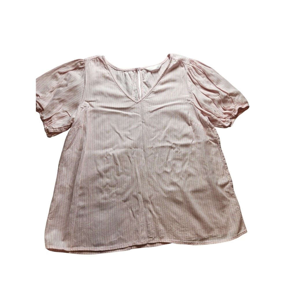 LC Lauren Conrad Pink White Striped Linen Blend V-Neck Puff Sleeve Blouse Large